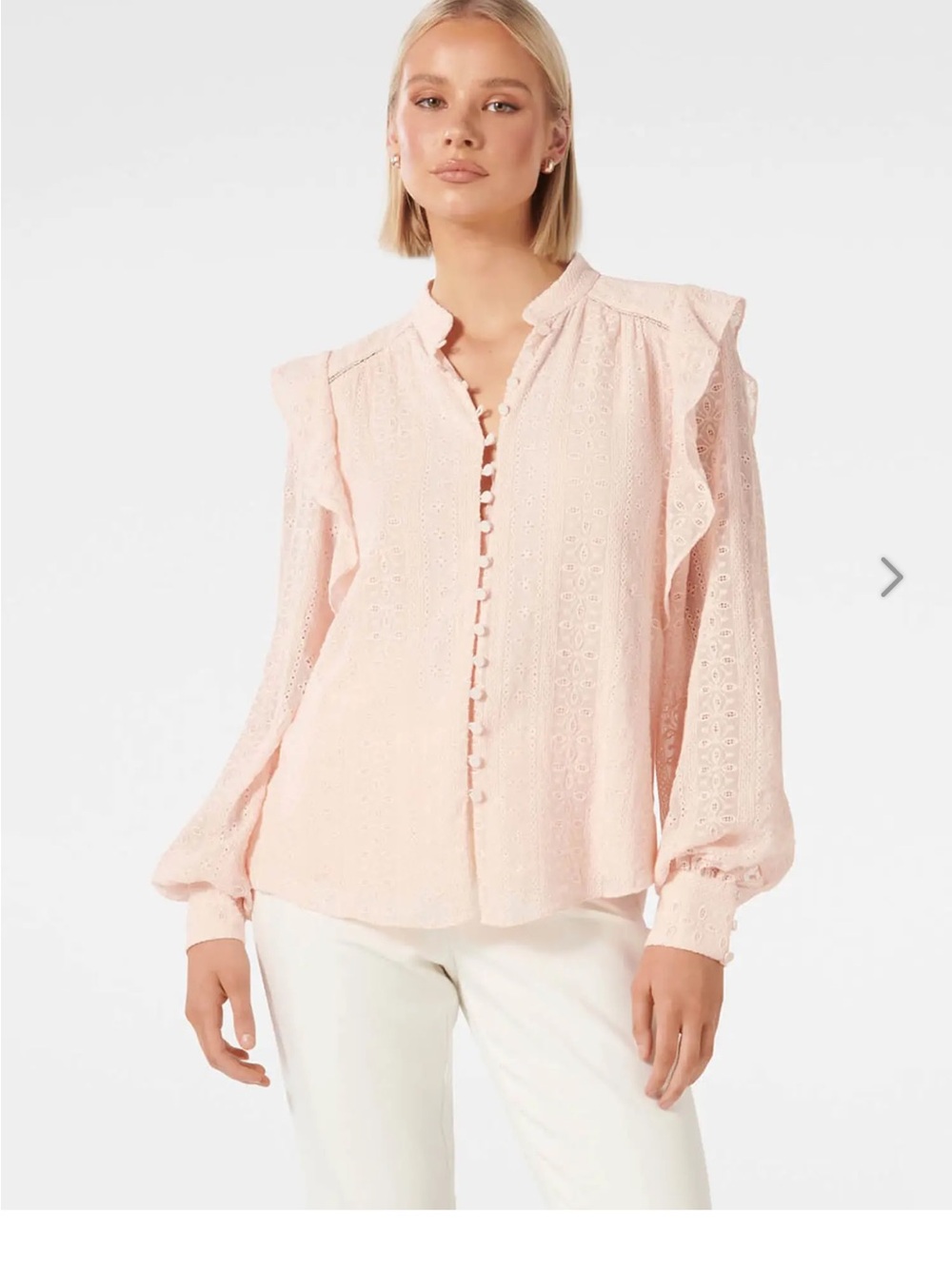 Women’s Blush Pink Eyelet Ruffle Button-Front Top